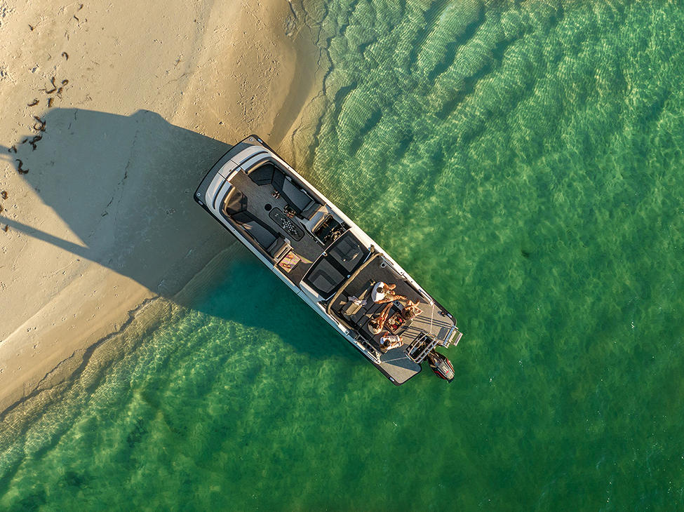 Aerial view of a 2024 Harris Crowne 250 Pontoon Boat