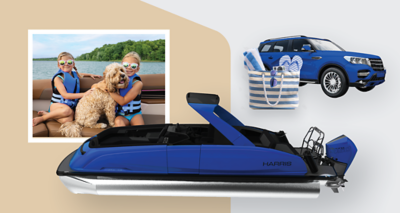 The Harris Crowne is shown in blue with a secondary photo of girls in a lifejacket with a dog, a matching blue car, and a bag.