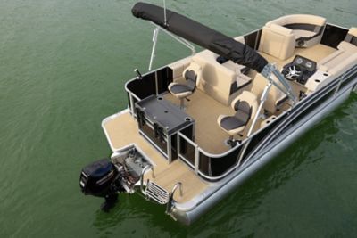 Aerial view of Harris Cruiser 230 FCL pontoon with pedestal seating, fishing station, Bimini, swim ladder and Mercury engine.