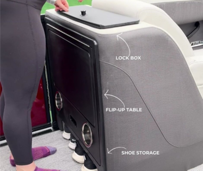 Storage cabinet on the Sunliner pontoon boat at the midship featuring a locking storage box, flip up table and shoe storage.