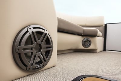 Close up shot of the JL Audio speakers and interior of a Harris Pontoon Boat.