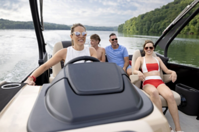 Luxury rear lounger furniture with weighted pillows facing backwards on the Sunliner pontoon boat.