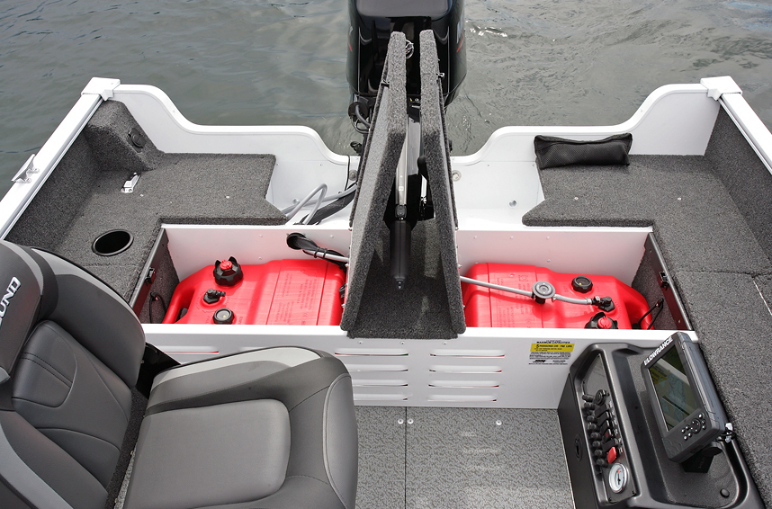 1650 Angler Tiller Fuel Storage Compartment shown with Optional Second Fuel Tank