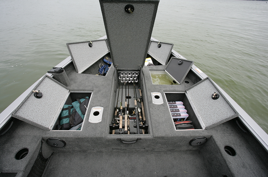 2075 Pro Guide Bow Deck Storage Compartments Open