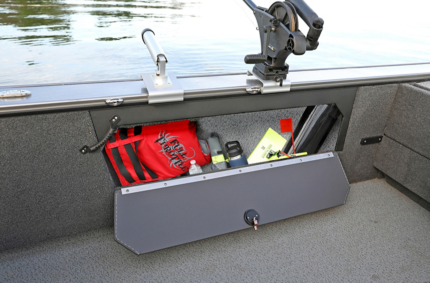 Fisherman Starboard Storage Compartment Open (Shown with Optional Lockable Door)