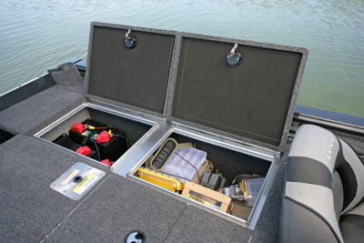 Pro-V Musky Bench Aft Deck Port Storage Compartments Open