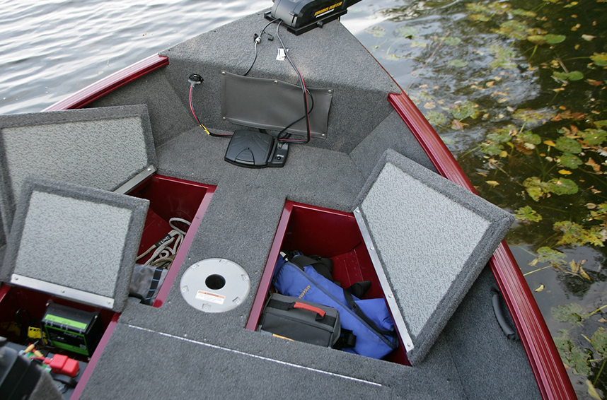 Rebel XL Bow Deck Storage Compartments Open