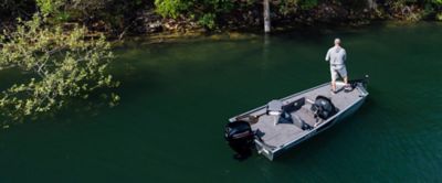 Fisherman Standing on Lowe Skorpion 16 Bass Fishing Boat