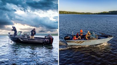 Two photos that include a couple of men fishing from the new FM 1875 and a family underway in the FS 1875.