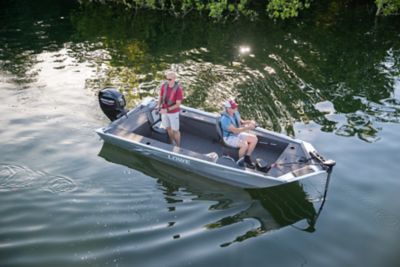 Two men fishing on a gray Lowe Skorpion SS.