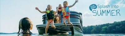 Children in lifejackets jumping off a Lowe pontoon boat with a text overlay saying, "Giveaway Splash into Summer."