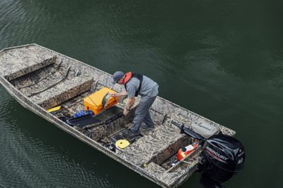 Fisherman on Lowe 1852 MT Jon Boat, Aerial View, Boat Anchored on Lake