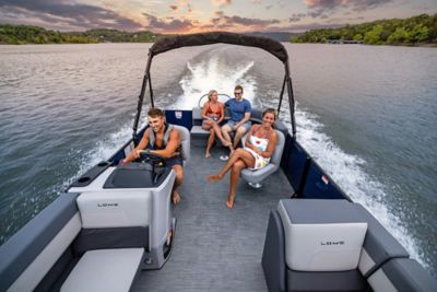 Four Friends Relaxing on Lowe Pontoon Boat, Aerial View