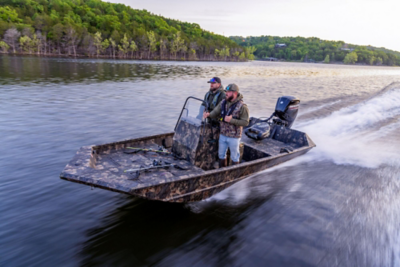 Two men bow fishing off the bow of a Lowe 1760 Pathfinder
