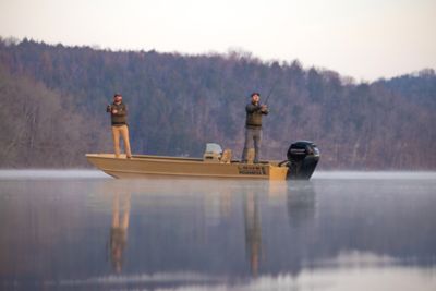 Two Fisherman on Lowe Roughneck 2070 Side Console Fishing Boat