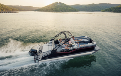 Family riding along in a Lowe RS 250 DL Pontoon Boat