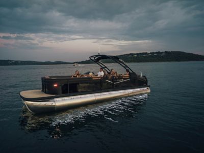 Lowe RS 270 Pontoon, Four Friends Onboard Cruising at Sunset, Starboard View