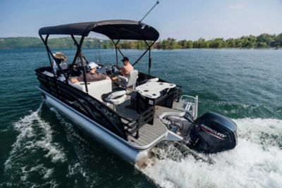 Two Couples on Lowe Pontoon Boat with Mercury Engine, Port-Stern View, Boat Underway