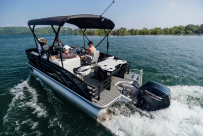 Two Couples on Lowe Pontoon Boat with Bimini Top Up, Port-Stern View, Boat Underway