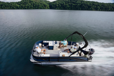 Family and Friends on Two Lowe Pontoon Boats Anchored on Lake, Port-Stern View