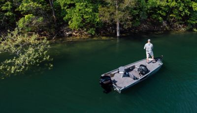 Fisherman Standing on Lowe Skorpion 16 Bass Fishing Boat