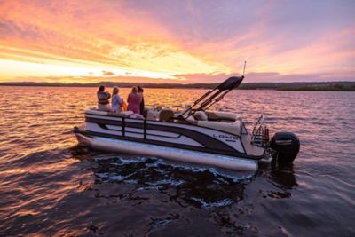 Lowe RS 270 Pontoon, Four Friends Onboard Cruising at Sunset, Starboard View