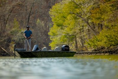 Angler casting  from a Lowe Stinger bass boat.