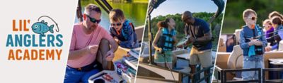 Lil' Anglers Academy shows multiple children and families fishing from Lowe Boats.