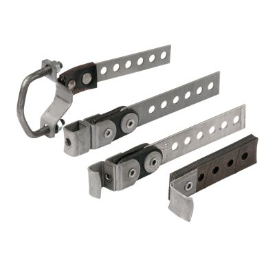 Muffler and exhaust hangers with metal straps and perforated designs for automotive applications.