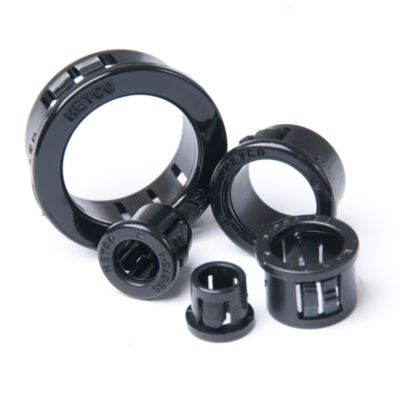 Black nylon bushings in various sizes displayed on a white background.