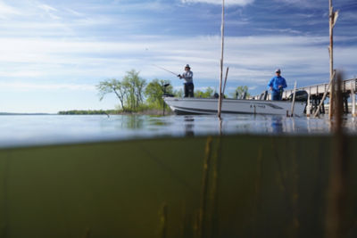 Two fishermen casting on Lund aluminum fishing boat